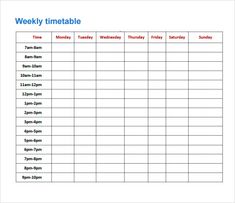 a printable weekly timetable is shown in blue and red, with the words'weekly timetable'on it