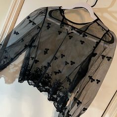 Xl Black Lace With Small Flowers. New With Tag. Black Top For Night Out In Spring, Spring Party Black Tops, Black Party Tops For Spring, Black Top For Night Out, Black Sheer Tops For Evening, Black Sheer Blouse For Spring, Butterfly Sleeve Blouse, Tassel Blouse, Embroidered Lace Top