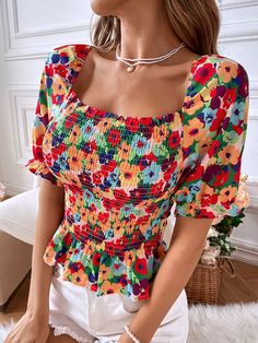 Multicolor Floral Print Non-stretch Top, Non-stretch Multicolor Floral Print Tops, Multicolor Square Neck Tops For Spring, Spring Multicolor Square Neck Tops, Red Square Neck Top For Summer, Fitted Printed Summer Blouse, Red Square Neck Top For Spring, Non-stretch Multicolor Floral Print Blouse, Fitted Multicolor Top For Brunch