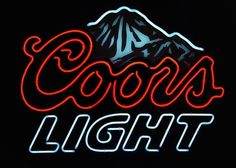 a neon sign that says coors light with a mountain in the backgroud