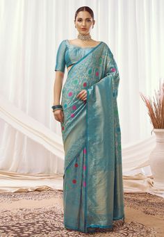 Kanjivaram silk Saree in Sky blue colour 16001  Desc:  Style : Kanjivaram Sarees Color : Sky Blue Fabric : Kanjivaram Silk Wash Care : Dry clean Sleeve Style : Half Sleeve Long Sleeves : Done only in Custom Stitch Sleeves Lining : Done only in Custom Stitch Bust Size : 32 to 42 Inches Occasion : Festival   Diwali   Eid   Durga Pooja   Ganesh Charturthi   Dussehra. With Express Free Shipping and Custom Stitching, Buy Indian Party wedding wear Bridal Sarees Kanjivaram silk Saree in Sky blue colour Sky Blue Fabric, Sky Blue Colour, Durga Pooja, Design Saree, Indian Party, Kanjivaram Silk Saree, Latest Designer Sarees, Weaving Designs, Ready To Wear Saree