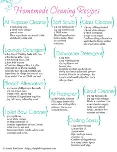 the recipe for homemade cleaning is shown in blue and green colors, with instructions on how to