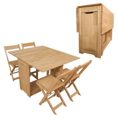 a wooden table and chairs with a cabinet in the back ground next to each other