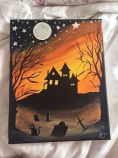 an acrylic painting of a spooky house at night