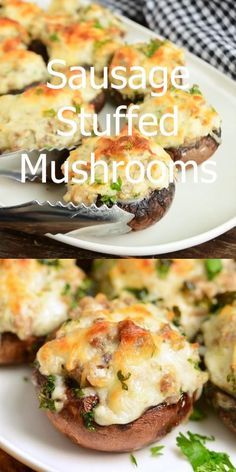 sausage stuffed mushrooms on a white plate