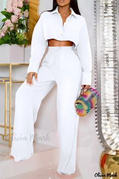 OliviaMark - Blau Patchwork Kordelzug Schnalle Shirt Kragen Langarm Set - Casual Solid zweiteilige Kleidung Wide Pants, Casual Sets, Crop Shirt, White Casual, Two Piece Outfit, Shirt Collar, Long Pants, Hip Length, White Long Sleeve