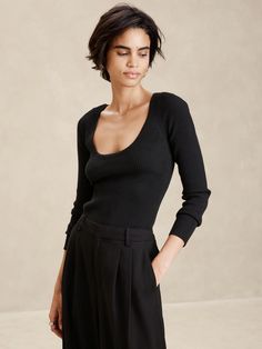 Scoop-Back Ribbed Sweater | Banana Republic Factory Chic Fitted Knit Top With Scoop Neck, Elegant Ribbed Scoop Neck Top, Chic Fitted Scoop Neck Knit Top, Elegant Stretch Knit Top With Scoop Neck, Elegant Scoop Neck Stretch Knit Top, Chic Knit Top With Scoop Neck And Ribbed Neckline, Chic Fall Knit Top With Scoop Neck, Fitted Knit Top With Ribbed Scoop Neck, Scoop Neck Tops For Workwear