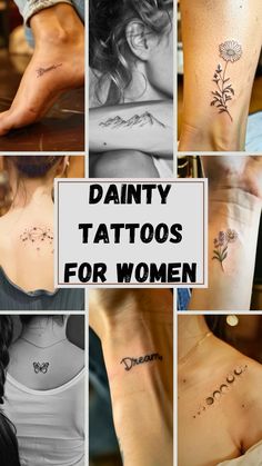 many different tattoos on the back of women's backs and arms, with words above them