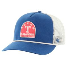 Show your Texas Rangers spirit with this '47 Cypress Trucker Hitch Adjustable Hat. This '47 Hitch hat boasts a retro-inspired design with a unique five-panel crown and a braided rope cord for a touch of vintage flair.  The embroidered team logo applique on the front proudly displays your Rangers spirit, while the rope embellishment on the visor adds a stylish touch. With its breathable mesh back panels and adjustable snapback closure, this hat offers a comfortable fit for all-day wear. Retro Baseball Season Fan Merchandise Hats, Retro Snapback Hats For Game Day, Throwback Curved Bill Adjustable Hats, Throwback Adjustable Curved Bill Hats, Game Day Trucker Hat With Curved Brim, Retro Snapback Hat For Fan Gear, Throwback Adjustable Hats For Game Day, Retro Snapback Hat For Fans, Retro Cap For Game Day