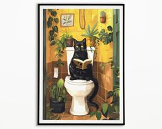 a black cat sitting on top of a toilet reading a book