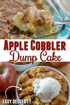 an apple cobbler dump cake with ice cream on top and in a bowl next to it