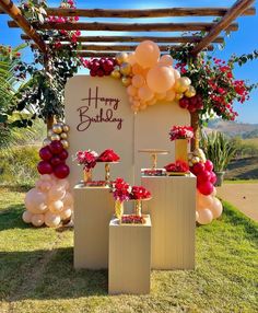 an outdoor birthday party with balloons and decorations