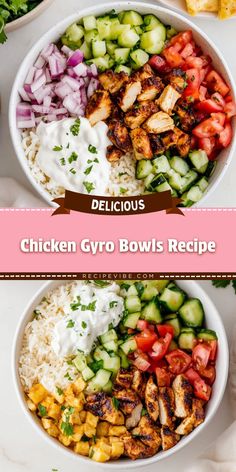 chicken gyro bowls with rice, cucumber and tomatoes in the middle