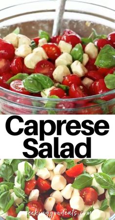 caprese salad with tomatoes, mozzarella and spinach in a glass bowl