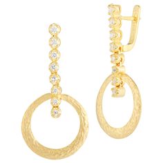 14 Karat Yellow Gold Hand-Crafted Matte and Textured Dangling Open Circle Earrings, Accented with 0.33 Carats of Prong Set Diamonds on a Leverback. Gold Hands, Circle Earrings, Prong Setting, Jewelry Earrings, Diamonds, Yellow Gold, Personalized Items, Yellow, For Sale