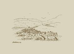 a drawing of people standing in front of mountains