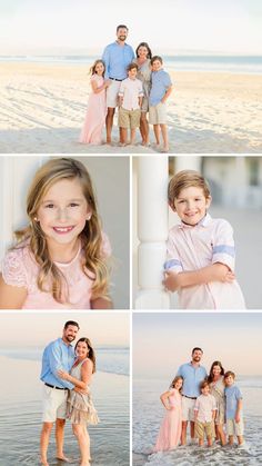 a family posing for pictures on the beach in front of the ocean with their arms around each other