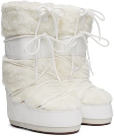 Knee-high paneled faux-fur and buffed faux-leather boots in tones of white. Water-repellent. · Lace-up closure · Drawstring at collar · Logo embossed at sides and heel · Insulated faux-fur lining · Textured thermoplastic rubber platform midsole · Treaded rubber outsole · Platform: H2 in Supplier color: Optical white Moon Boots Fur, White Moon Boots, Winter Rave, Boot For Women, Boots Fur, Moon Boot, White Moon, Faux Leather Boots, Moon Boots