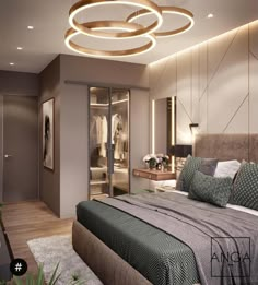 a bedroom with a bed, closet and dressing area