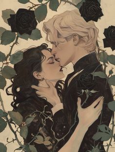 a painting of two people kissing in front of some black and white roses with green leaves