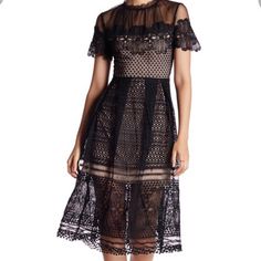 Romeo & Juliet Couture Black Short Sleeve Eyelet Lace Dress Brand New Without Tags Never Worn, Mock Neck,Short Sleeve,Sheer Yoke,Lace Construction,Back Zip Closure,Pleated,Lined. Size: Small / Bust: 32" Waist: 23" / Length Approximately 40” Ivn:72 Chic Black A-line Lace Dress, Black Sheer Midi Dress With Short Sleeves, Black Fitted Lace Dress For Summer, Fitted Black Lace Dress For Summer, Black A-line Midi Dress With Feminine Style, Mock Neck Short Sleeve, Eyelet Lace Dress, Eyelet Lace, Romeo And Juliet