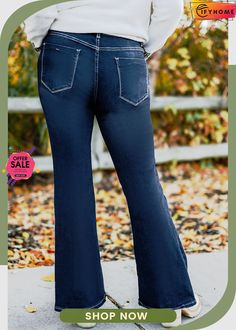 Blue Plus Size Deep Wash Mid-waist Flared Jeans Non-stretch Solid Color Bottoms For Fall, Casual Flare Bottoms In Solid Color, Mid-rise Blue Bottoms For Fall, Blue Solid Color Bottoms For Fall, Mid-rise Solid Color Pants For Fall, Blue Bottoms With Elastic Waistband For Fall, Solid Color Jeans With Elastic Waistband For Fall, Non-stretch Blue Bottoms For Fall, High Waist Bottoms With Wide Waistband For Fall