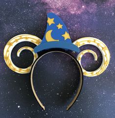 "We're bringing back the Sorcerer hat! The beloved icon of HS is back in ear form! *Please note! These ears can only be made permanent due to the shape! The centerpiece will be interchangeable! My ears are all 3d printed and placed on a 1\" black comfort fit headband. Bows/ tiaras can be made interchangeable using a hook system or permanently attached to the headband. All tiaras/ centerpieces besides bows will be interchangeable. These can be made custom with any bow combination! Just add a mess Sorcerer Hat, Diy Disney Ears, Disney Ears Headband, Disney Diy Crafts, Diy Mickey Ears, Magical Accessories, Mickey Mouse Ears, Disney Holiday, Minnie Mouse Ears