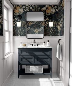 a bathroom with two sinks and a large mirror