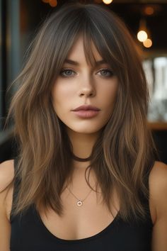 Trending Haircuts With Bangs, Barely There Bangs Long Hair, Jennifer Lopez Hair Bangs, Feathery Bangs Short Hair, Long Soft Bangs, Bangs Brigitte Bardot, Subtle Shag Haircut Straight Hair, Textured Wispy Bangs, Woman’s Haircut With Bangs