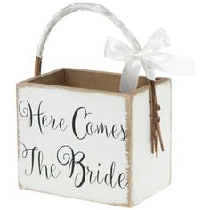 here comes the bride wooden box sign with white ribbon and bow, 12x10cm