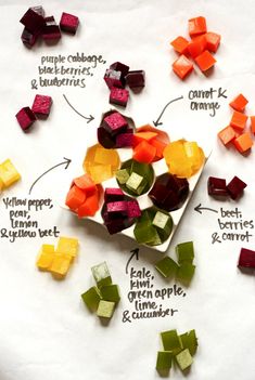 different types of cut up vegetables on a white surface