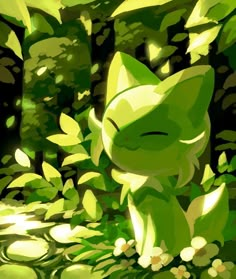 a digital painting of a green cat in the woods with leaves and flowers around it