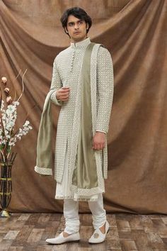 Shop for Kora By Nilesh Mitesh Green Vishaka Silk Chikankari Sherwani Set for Men Online at Aza Fashions Green Sherwani, Embroidered Sherwani, Dhoti Pants, Indian Groom, Tarun Tahiliani, Groom Outfit, Groom Suit, Wedding Outfits, Work Jackets