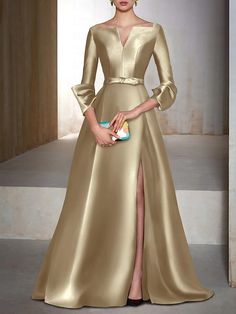 A-Line Evening Gown Elegant Wedding Guest Dress Formal Black Tie Cocktail Party Floor Length Long Sleeve V Neck Satin dress to impress 2024 2024 - $138.99 Flay Dresses, Party Floor, Formal Cocktail Party, فستان سهرة, Moda Vintage