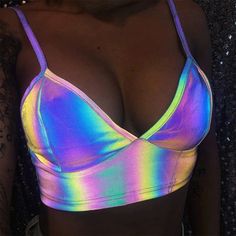 Holographic Crop Top, Neon Clothing, Holographic Top, Festival Rave Outfit, Rave Fits, Looks Party, Pride Outfit, Body Harness, Crop Top Bra