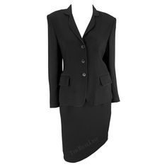 Presenting a chic black Gucci skirt suit. From the early 1990s, this classic black skirt suit is constructed of a blazer and matching pencil skirt. Approximate measurements: Jacket Size - 42IT Shoulder to cuff: 24" Underarm to cuff: 18" Bust: 34" Waist: 32" Skirt Size - 40IT Waistband to hem: 23" Waist: 27" Hips: 36 - 40" 54% rayon, 48% acetate Black Skirt Suit, Gucci Skirt, Bracelet Love, Skirt Suit Set, Blazer And Skirt, Velvet Skirt, Suit Set, Black Blazer, Skirt Suit