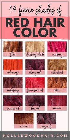 Do you know the difference between mahogany and auburn hair dye? Are you looking for a natural red or a bright red with highlights? Find out what all the different shades of red hair color are and how to tell the difference between them all! You'll have a beautiful red hair color in no time! #RedHair #RedHairColor #HairColor #HairDye Different Shades Of Red Hair, Shades Of Red Hair Color, Red Hair Color Chart, Beautiful Red Hair Color, Auburn Hair Dye, Hair Color Names, Red Hair Color Shades, Cherry Red Hair, Shades Of Red Hair