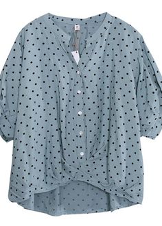 French light blue asymmetric dotted cotton shirts women v neck loose summer tops

This dress is made of cotton or linen fabric, soft and breathy. 

Flattering cut. Makes you look slimmer and matches easlily.
 
Materials used: cotton 

Measurement:One size fits all for this item. Please make sure your size doesn't exceed this size: BUST-140cm   
   
length front 54cm / 21.06"
length back 67cm / 26.13"
Shoulder 46cm / 17.94"
Sleeve length 26cm / 10.14"
Armhole 76cm / 29.64"
bust 140cm / 54.6"
Wais Trendy Light Blue V-neck Blouse, Casual Polka Dot V-neck Blouse, V-neck Polka Dot Blouse For Summer, V-neck Polka Dot Summer Blouse, Long Hooded Coat, Beach Vacation Style, Cotton Shirts Women, Cotton Shirts, Shirts Women