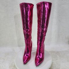 Fuchsia Metallic Festive Pointy Toe With Inseam Side Zipper Snake Skin Textured 4 Inch Stiletto Heel Brand New In Box. Short Cowgirl Boots, Pink Cowgirl Boots, Pointy Toe Boots, Leopard Boots, Black Chunky Heels, Pink Cowgirl, Suede High Heels, Chunky Heels Boots, Western Boots Women