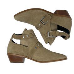 Rebecca Minkoff Abigail Taupe Suede Studded Buckle Ankle Booties Women’s Us 9.5 1.5” Heel In Excellent Condition If Not Nwot Sb-E-001 Fall Pointed Toe Boots With Heel Strap, Spring Pointed Toe Boots With Buckle Closure, Spring Ankle Boot Heels With Buckle Closure, Fall Medium Width Ankle Strap Booties, Beige Pointed Toe Boots With Buckle Closure, Trendy Pointed Toe Booties With Buckle Closure, Pointed Toe Booties With Buckle Closure, Summer Boots With Buckle Closure And Pointed Toe, Chic Fall Booties With Buckle Closure