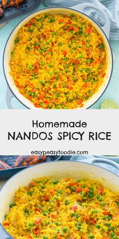 two images showing how to make homemade nando's spicy rice with peas and carrots