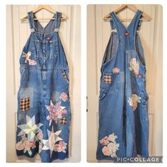 Vintage Workwear Dickies Overalls Converted Into A Dress. Thoughtfully Embellished With Handmade Appliqus And Patches All From Upcycled Vintage Materials. Fits A Size Small - Medium Actual Measurements: Waist (Across Banded Middle) 22" Length (From Top Of The Bib To Hem) 48" Straps Are Adjustable Patterned Overalls, Patched Overalls, Woman Overalls, Dickies Dress, Patchwork Overalls, Dickies Overalls, Work Overalls, Overalls Outfit, Vintage Dickies