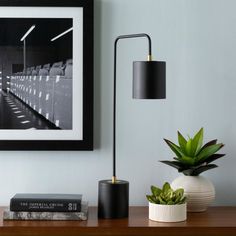 a table with a lamp, books and a plant on it next to a framed photograph