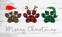 three dog paw prints with christmas hats on them