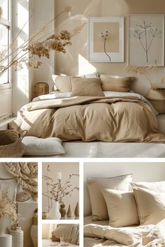 a collage of photos showing the inside of a bedroom with bedding and pillows