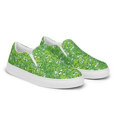 Wear this fun design full of happy frogs all over printed on these unique Shoes. Great for frog lovers, for those who want to look unique, original and tangled. Design pattern made up of a crowd of tangled frogs who have no idea how to undo such a tangle. Made for comfort and ease, these Women’s Slip-On Canvas Shoes are stylish and the ideal piece for completing an outfit. Equipped with removable soft insoles and rubber outsoles, it’s also easy to adjust them for a better fit.• 100% polyester ca Playful Green Sneakers With Rubber Sole, Green Slip-on Sneakers With Rubber Sole, Green Low-top Slip-ons For Spring, Green Low-top Slip-ons, Tangled Design, When The Rain Stops, Green Frogs, After Rain, Green Frog