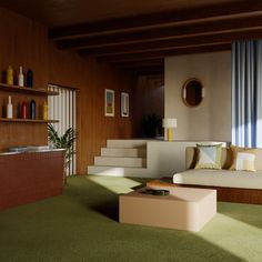 a living room filled with furniture and green carpeted flooring next to a window