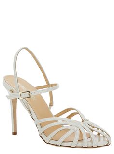 Sandals Ankle strap closure Gold-colored buckle Front cage Stiletto heel White Patent leather Heel height: 9 cmComposition: 74% Polyurethane 21% Polyester 5% Cotton Luxury Strappy Sandals With Buckle Closure, Leather Heels With Straps, Strapped Sandals With Heel Strap For Evening, Formal Sandals With Multiple Straps And Open Heel, Formal Strapped Sandals With Buckle Closure, Party Heels With Buckle And Straps, Party Heels With Buckle Closure And Straps, White Strappy Heels With Buckle Closure, Chic Strapped Heels With Heel Strap