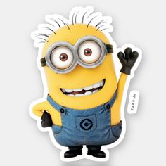 a yellow minion with glasses and overalls holding his hand up in the air