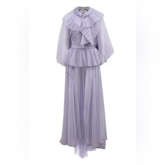 This Gorgeous Flowy Dress From Gucci Features A Pale Lilac Blouse And Under Shirt With A Wide Peplum And A Long Flowing Train. The Dress Has A Complex Pleated Collar And Loose 3/4 Sleeves, Which Delicately Open The Wrists. The Fabric Is 73% Silk And 27% Polyester--This Breathable Material Is Barely Felt On The Body And Creates A Flying Silhouette In Motion. This Dress Is A Size It 38 (Equivalent To Xs/ Us 2). It Has A Tiny 2mm Tear On The Front Chest Area. The Tear Is Barely Visible (Pictured) And Easily Disguised By The Fit Of The Dress. Lilac Blouse, Gucci Dresses, Pleated Collar, Chiffon Long Dress, Under Shirt, Pale Lilac, Flowy Dress, Silk Chiffon, Long Dress